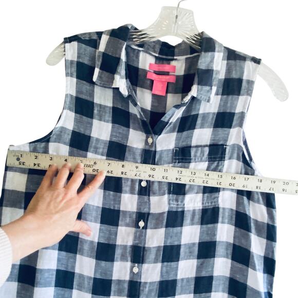 Navy Blue Gingham Checked Linen Button Down Shirt M Sleeveless Isaac Mizrahi - Picture 7 of 11